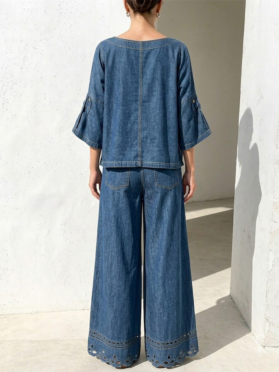 Vintage Washed Denim Boat Neck Irregular 5/4 Flare Sleeve Cropped Top + Hem Cutwork Hollow Wide Leg Pants 2-piece Set