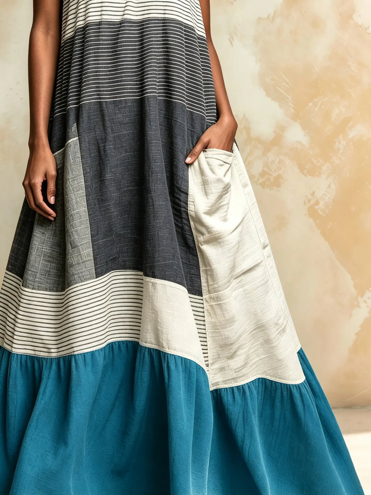 Women's Striped Color Block Patchwork Sleeveless V Neck Maxi Dress