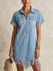 Wash Lapel Half Zip Fringe Raw Edge Short Sleeve Loose Denim Mini Dress