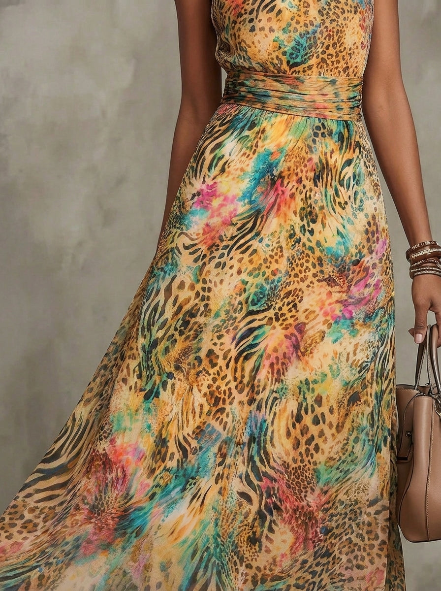 Women'sHalter Neck Colorful Animal Print Chiffon Maxi Dress With Pockets