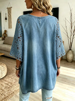 Women's Floral Eyelet Embroidery Washed Denim Loose V Neck Tunic Top