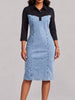 Women's Casual Loose-fit Cotton-linen Denim Dress With Shirt Collar, 3/4 Sleeves, And Color-block Paneling