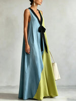 Women's Blue Green Color Block Denim Bow V Neck Maxi Dress