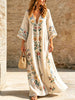Women's Ethnic Floral Art Casual Stylish V-collar 3/4 Sleeve Cotton Linen Maxi Dress