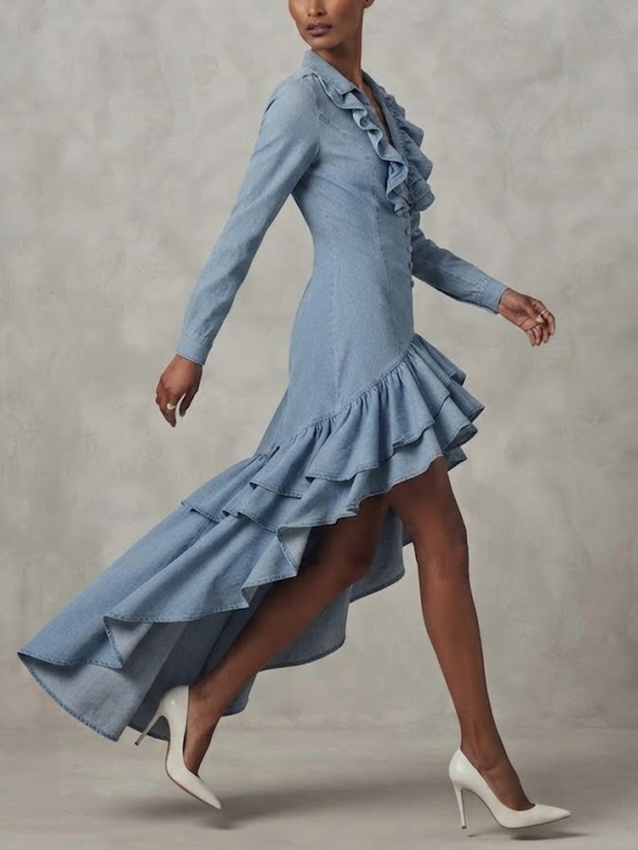 Washed Denim Long-sleeve Dress Featuring A V-neck, Ruffle Details, And An Asymmetrical Hem (shorter In Front, Longer In Back)