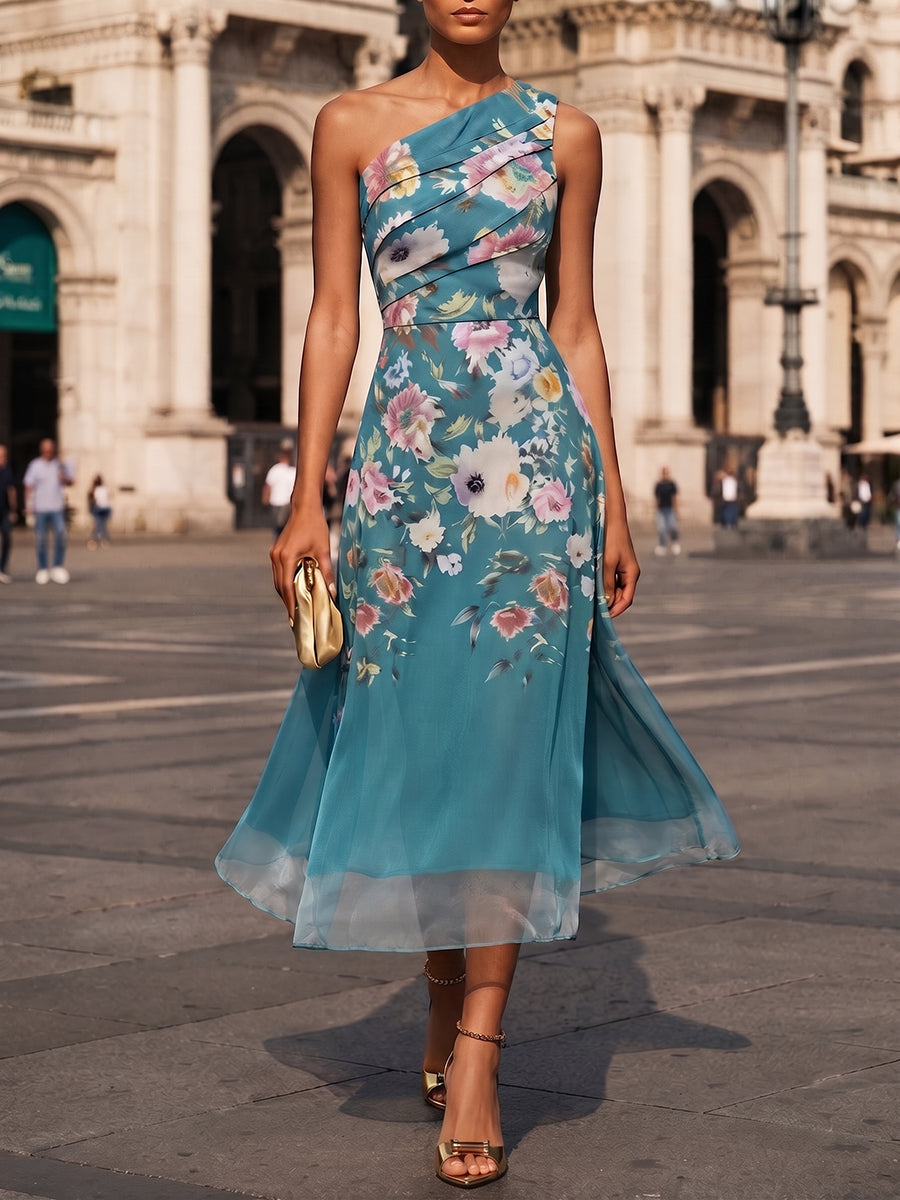 Elegant Vacation Party Floral Off-shoulder Midi Dress
