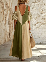 Women's Color Block Stripe Patchwork Cold Shoulder Maxi Dress