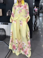 Loose-fit Casual Floral Print Linen-cotton Long Shirt And Trousers Two-piece Set