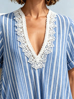 Women's Striped Lace V-Neck Pocket Midi Dress