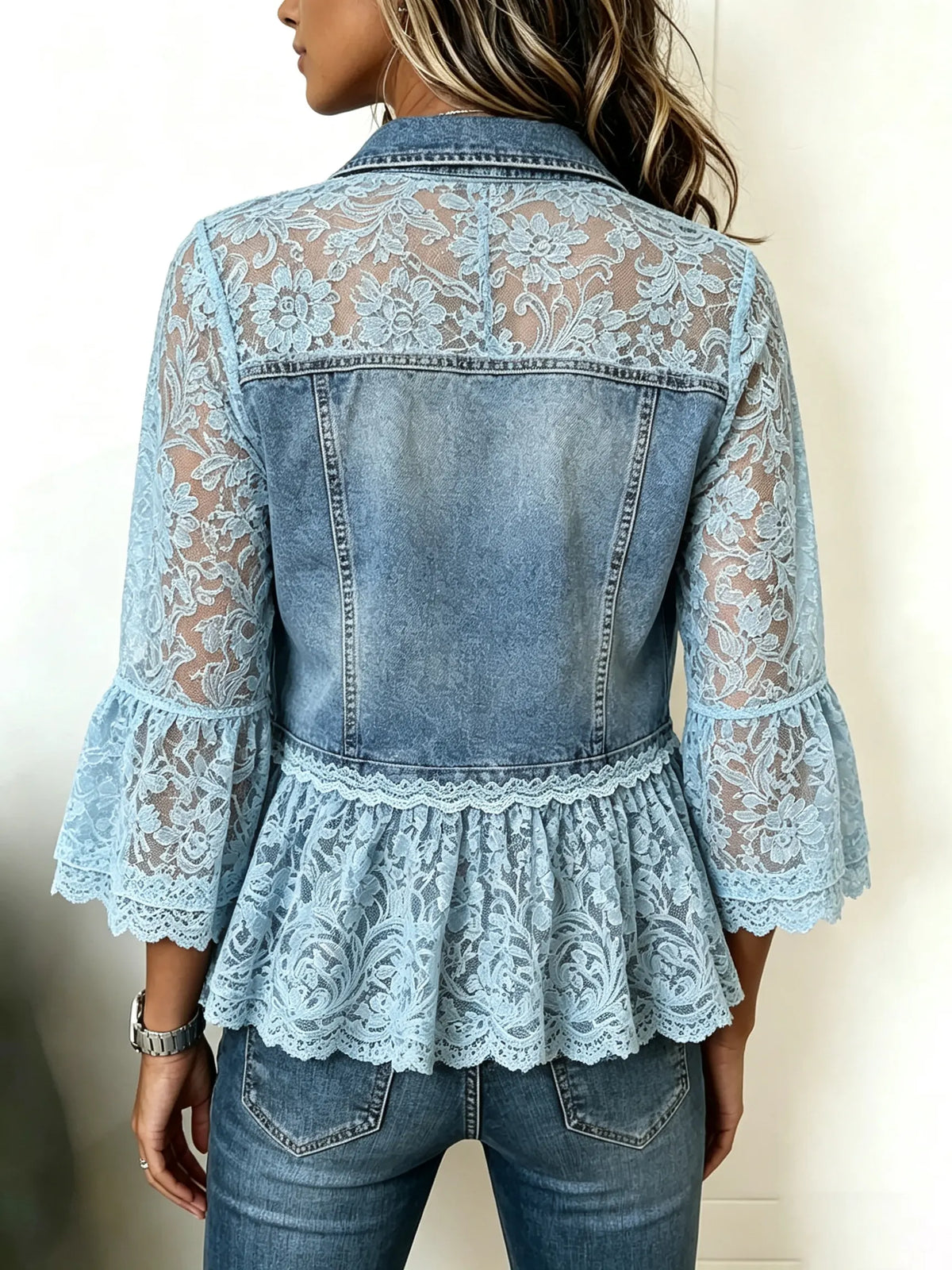 Women's Floral Lace Spliced Denim Short Jacket