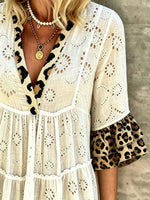 Women's Eyelet Embroidery Color Block Leopard Print V Neck Ruffle Babydoll Mini Dress