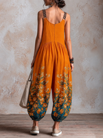 Leopard-print Wide-strap Floral Print Loose Lantern-style Jumpsuit