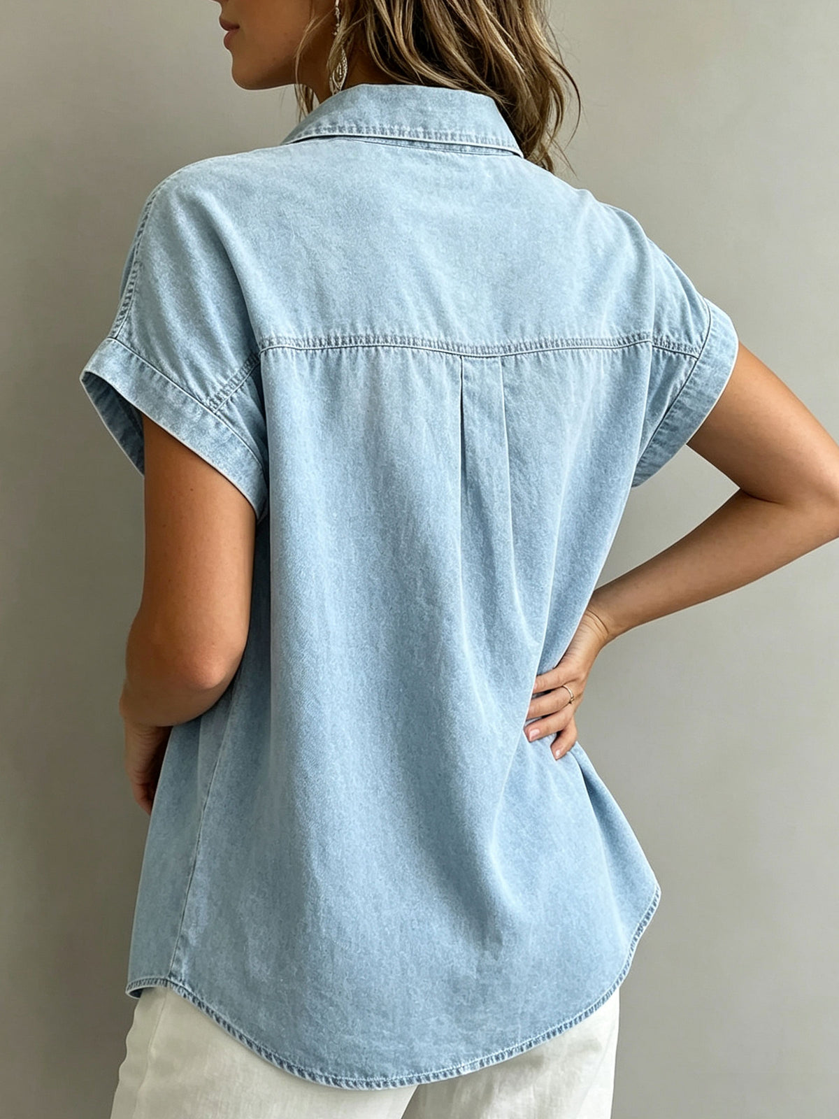 Women’s Ruched Cap Sleeve V Neck Light Wash Denim Button Down Blouse