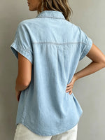 Women’s Ruched Cap Sleeve V Neck Light Wash Denim Button Down Blouse