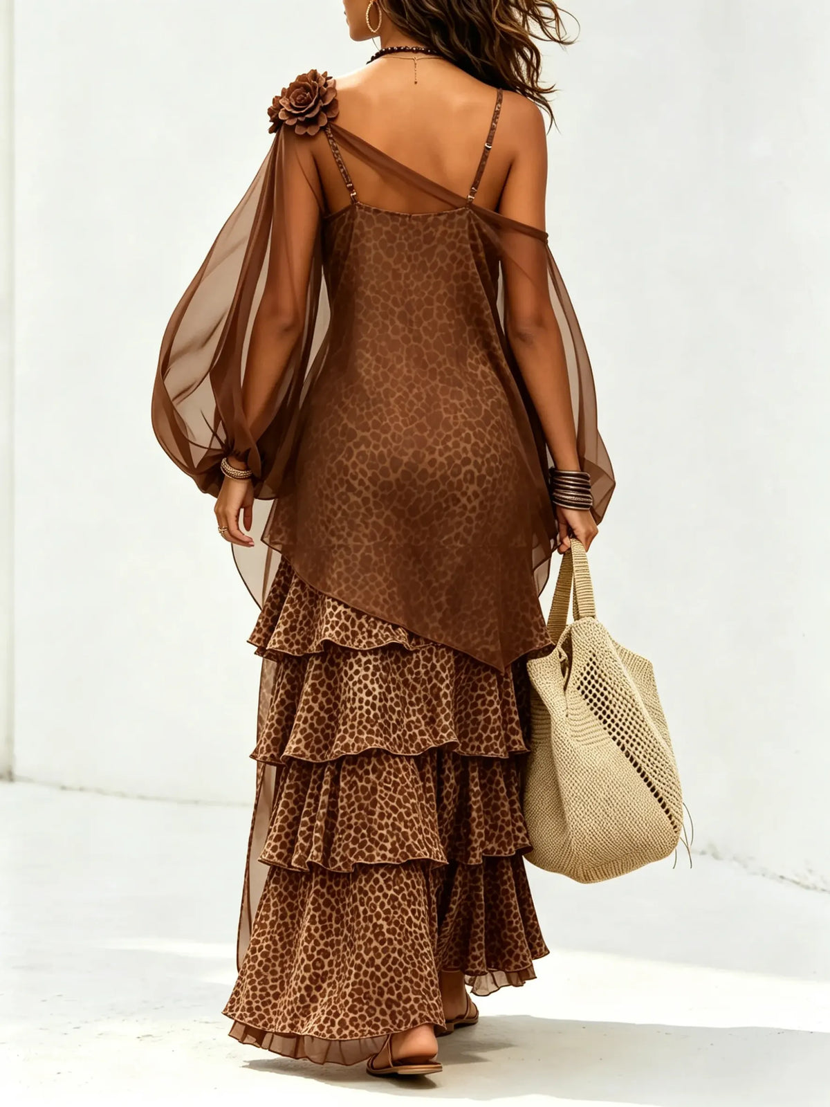 Women's Lantern Sleeve Top & Tiered Ruffle Leopard Dress Set