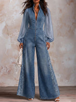 Stand Collar Front Zip Sheer Chiffon Puff Long Sleeve Side Lace Splice Washed Denim Wide Leg Jumpsuit