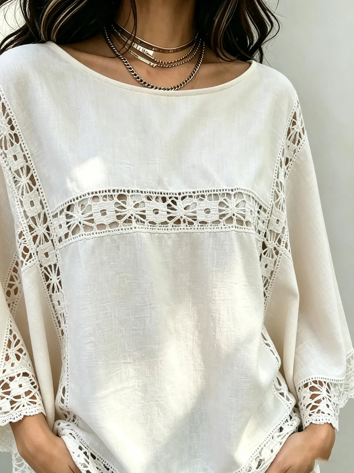 Women's Crochet Lace Panel Loose Blouse