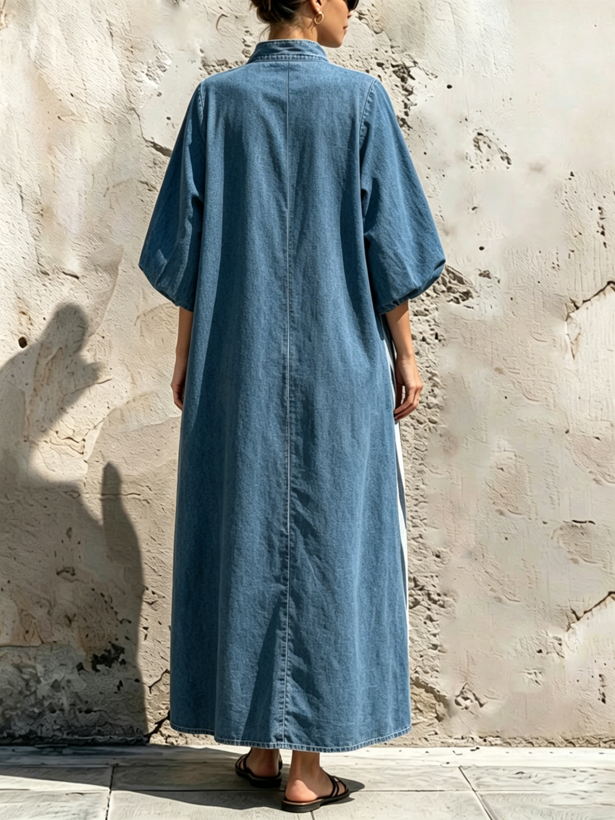 Washed Denim Multi-stripe Splice Stand Collar Lantern Long Sleeve Full Button Loose Maxi Shirt Dress