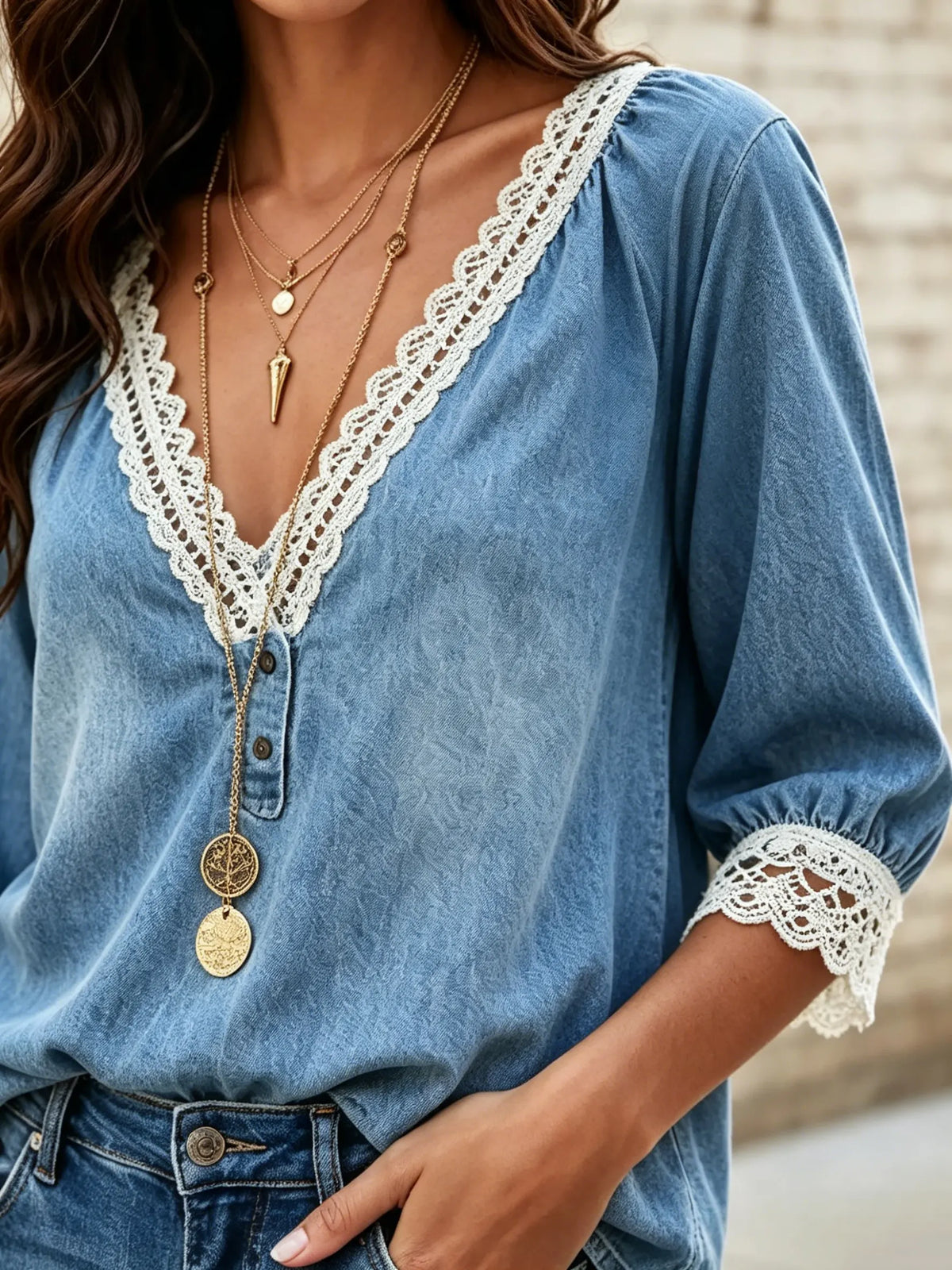 Women's Solid Lace V-Neck 3/4 Sleeve Denim Blouse