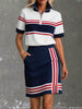 Womens Quarter Zip Striped Short Sleeve Top & Pocket Skirt Sporty Two Piece Set