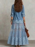 Denim V-neck Ankle-length Dress Featuring Appliqué, Cut-out Lace Paneling, And A Flowy Silhouette