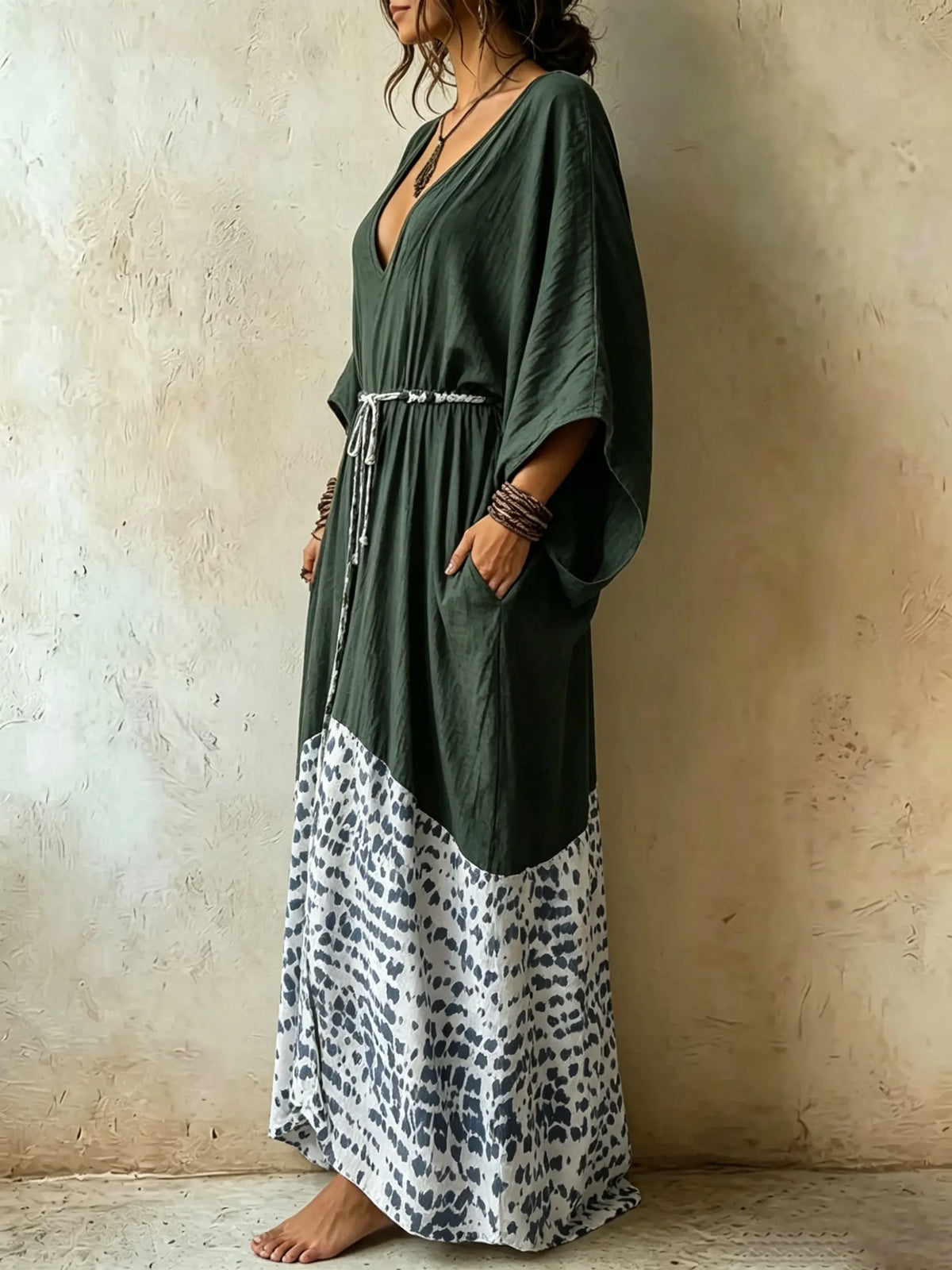 Women's Spliced Spot Leopard Print V Neck Loose Vacation Maxi Dress