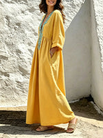 Women's Solid Mint Embroidery V-Neck Loose Kaftan Maxi Dress