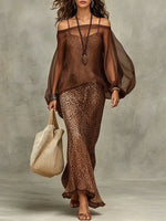 Women's Sheer Chiffon Lantern Sleeve Top & Fitted Leopard Skirt Set