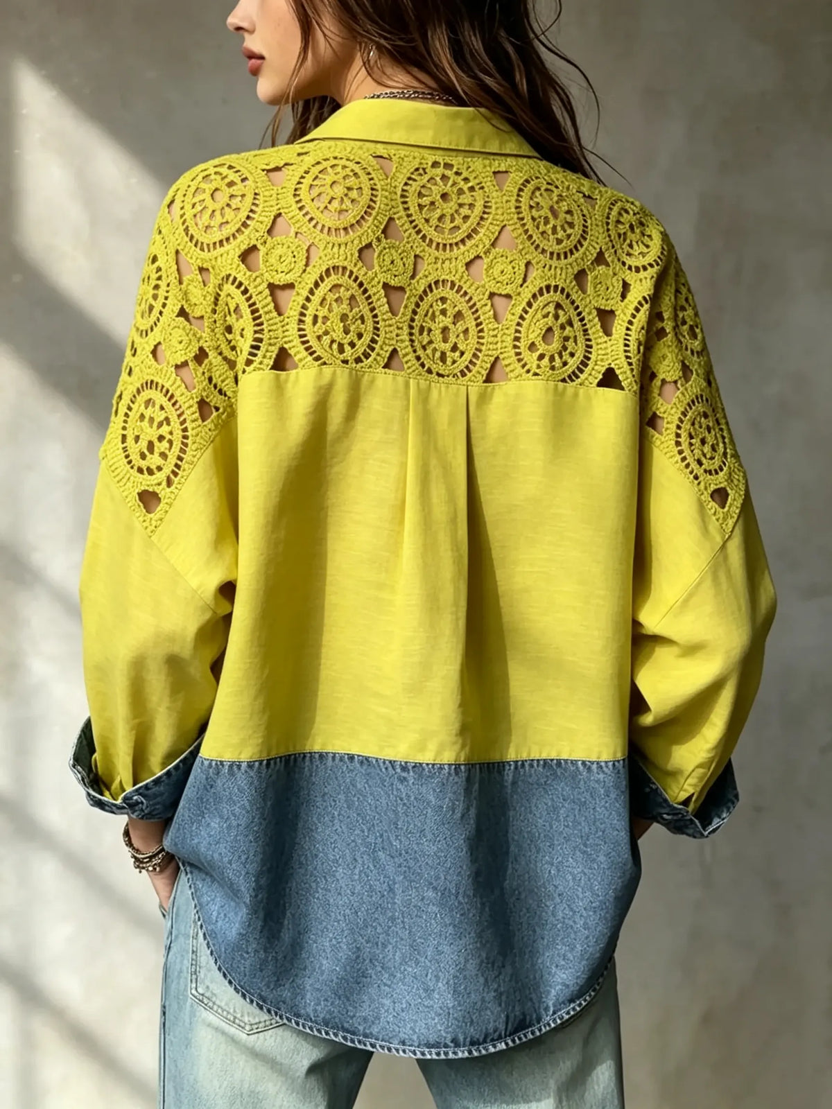Women's Crochet Spliced Denim Hem Long Sleeve Shirt