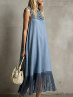 Women's Crochet Hollow Solid Tassel Sleeveless Midi Dress