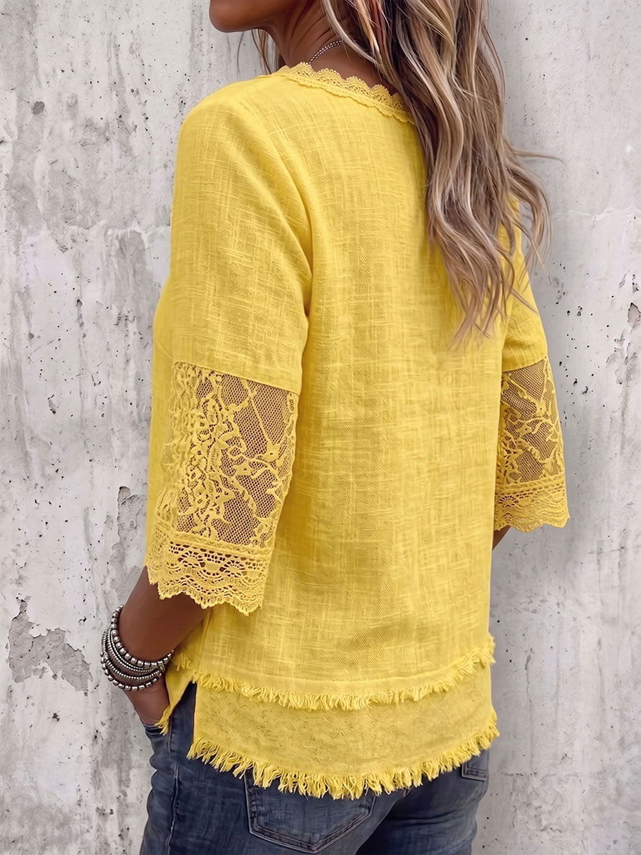Vintage Art Comfortable Fabrics Cotton Linen Blend Patchwork Lace Shirt
