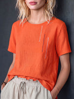 Women's Casual Loose-fit Cotton-linen Top With Placement Embroidery, Crew Neck, And Short Sleeves