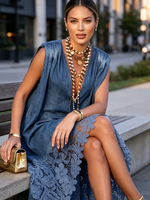 Elegant V-neck Denim Dress With Floral Lace Hem