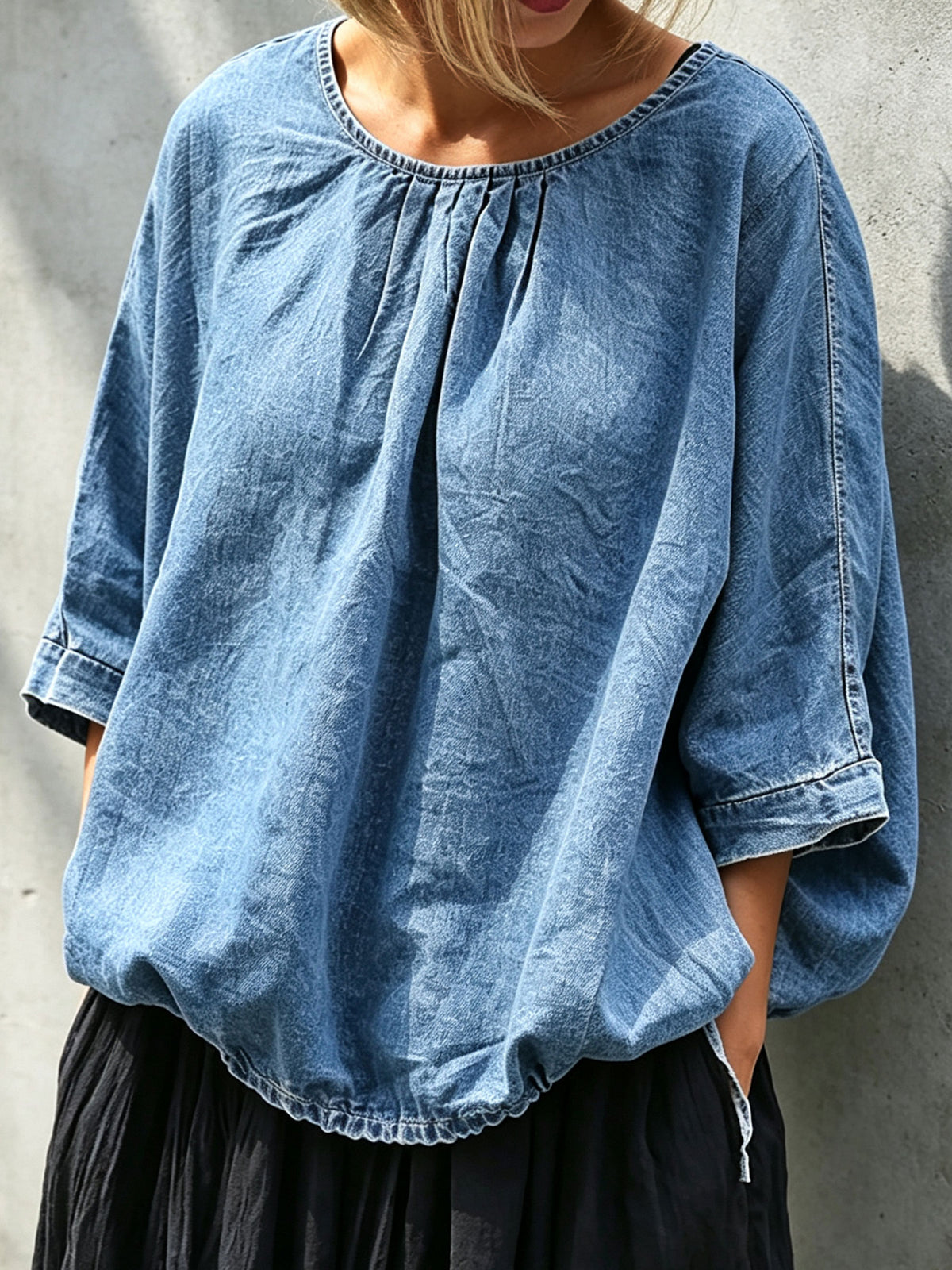 Women’s Gathered Round Neck Batwing 3/4 Sleeve Loose Denim Blouse