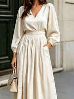 Women's Retro Art Casual Stylish V-collar Long Sleeve Maxi Dress