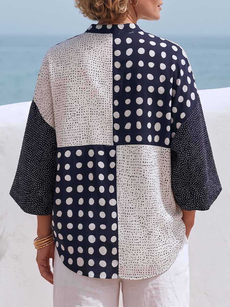 Women's Polka-dot Print V-neck 3/4 Sleeve Casual Loose Cotton-linen Top