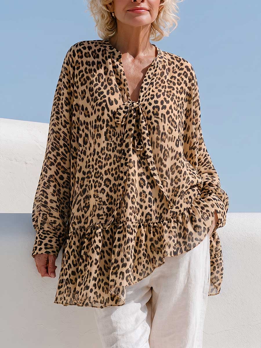 Women's Leopard Print V-neck Long-sleeve Loose Casual Chiffon Top