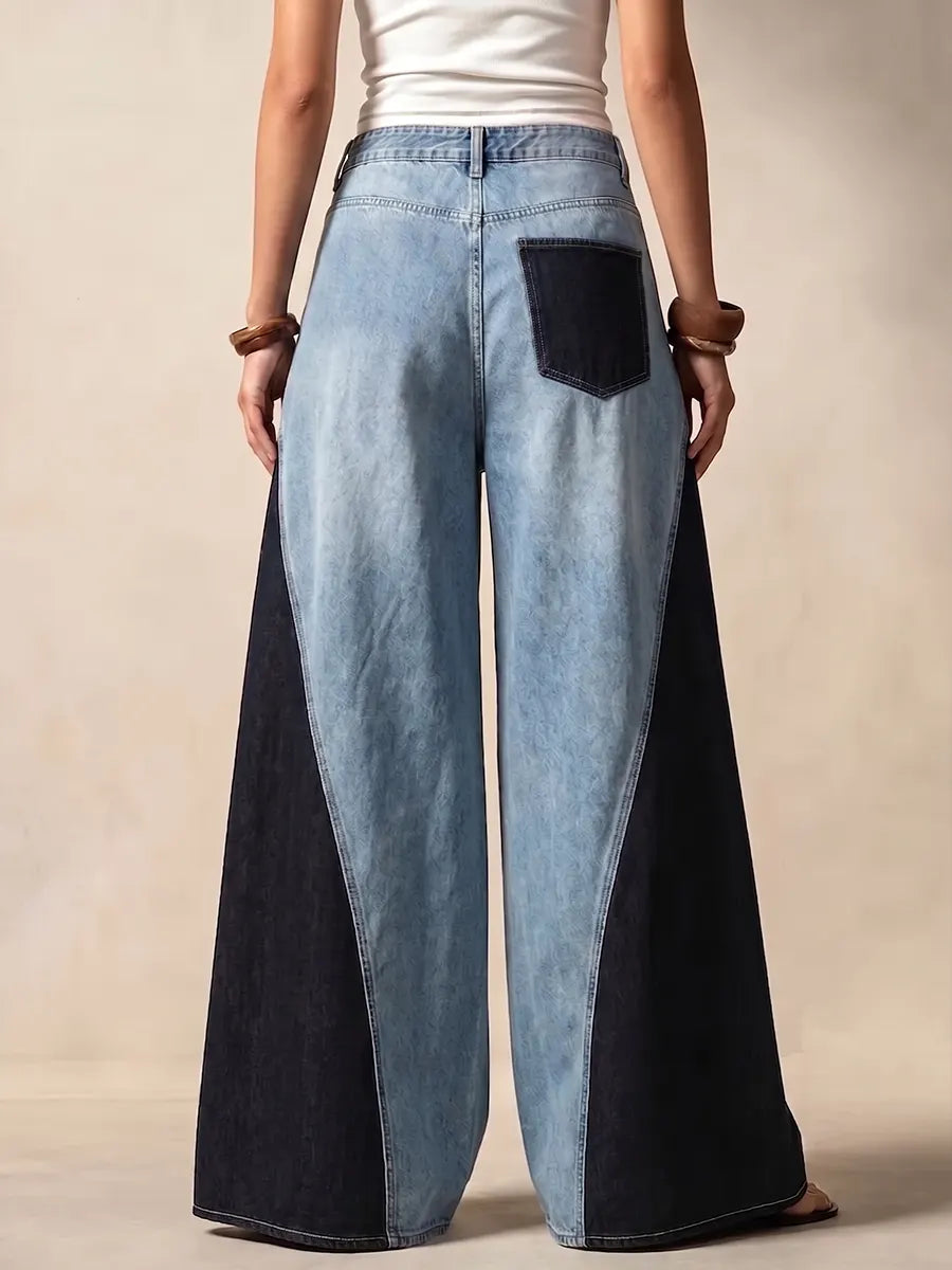 Contemporary Two-Tone Denim Wide-Leg Pants
