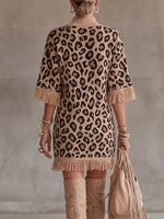 Bold Leopard Thin Knit Fringed Mock-Neck Sweater Dress