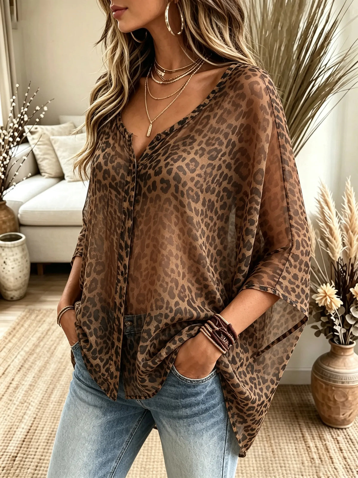 Women's Sheer Leopard Print Button-Down Blouse