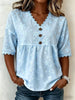 Vintage-style Casual Short-sleeve Shirt Featuring A V-neck, Lace Cut-out Patchwork, And Embroidery