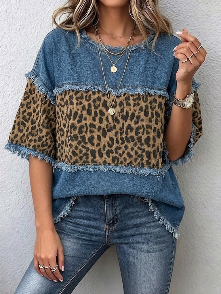 Casual Patchwork Denim Top With Leopard Print And Frayed Details