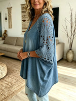 Women's Floral Eyelet Embroidery Washed Denim Loose V Neck Tunic Top