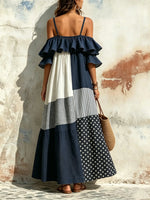 Women's Polka Dot Stripe Color Block Ruffle Off Shoulder Spaghetti Strap Maxi Dress
