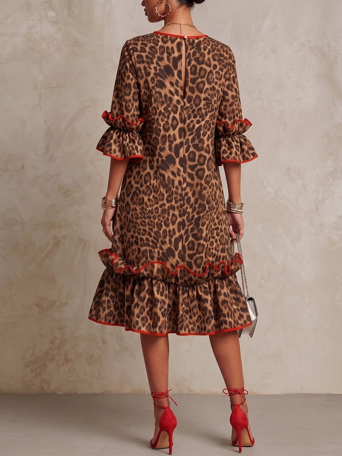 Elegant Ruffled Leopard-print Linen And Cotton Dress