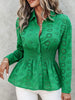 Women’s Floral Eyelet Collared Smocked Waist Peplum Long Sleeve Shirt