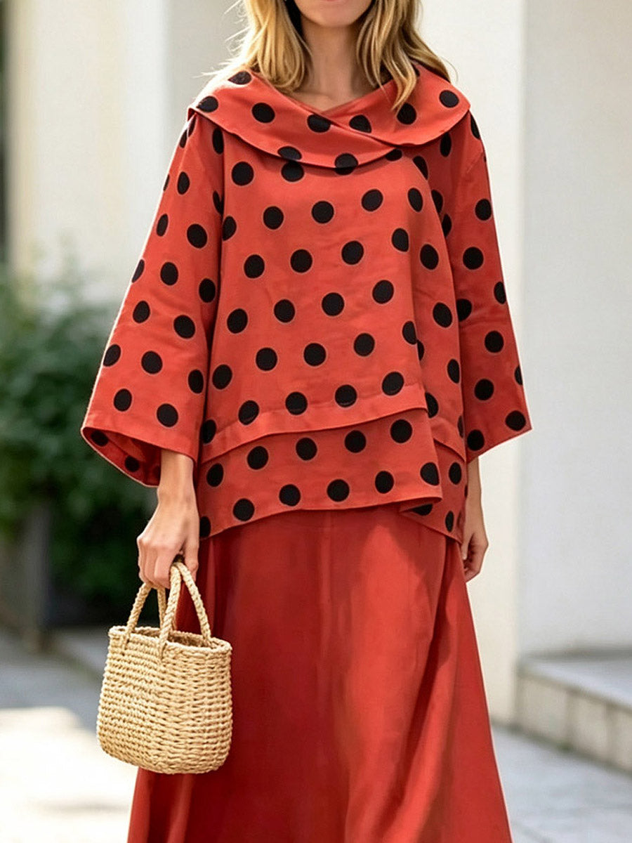 Retro Polka Dot Casual Cowl Neck Top And Skirt Cotton And Linen Two-piece Set