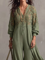 Vintage Elegant Waffle Patchwork Cutout Lace Jumpsuit