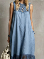 Women's Crochet Hollow Solid Tassel Sleeveless Midi Dress