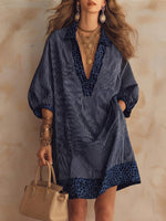 Casual Drop-shoulder Dress Featuring Vertical Stripes, An All-over Leopard Print, And Contrasting-color Panels At The Collar, Cuffs, And Hem